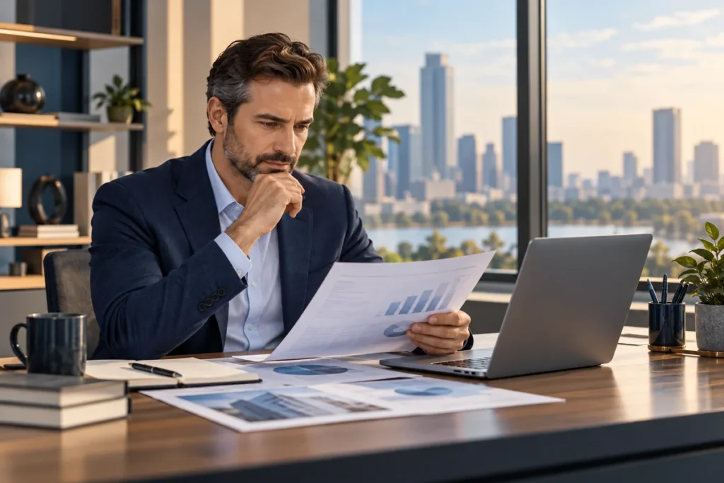 BuildingBusinessNews: Coverage, Features and Reader Guide Business reader examining documents beside a laptop