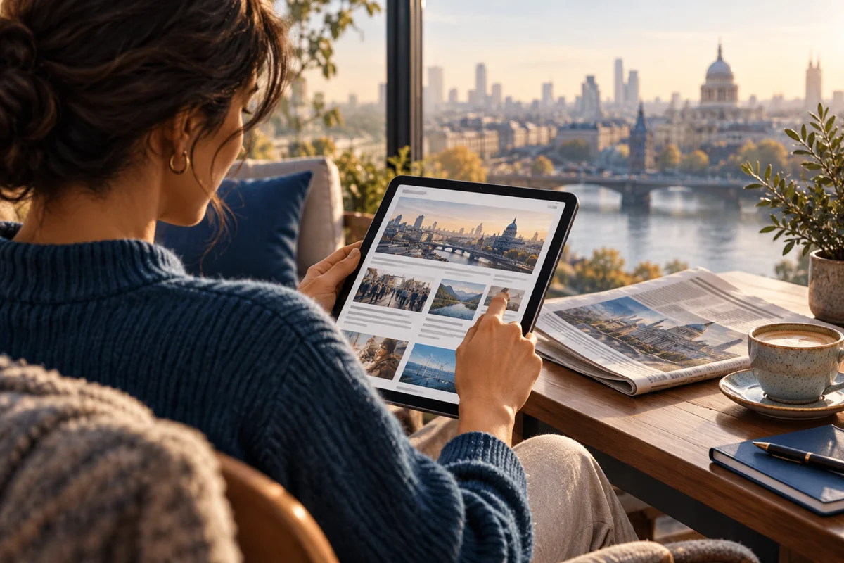 BuildingBusinessNews: Coverage, Features and Reader Guide 2 Reader browsing digital news on a tablet beside a newspaper