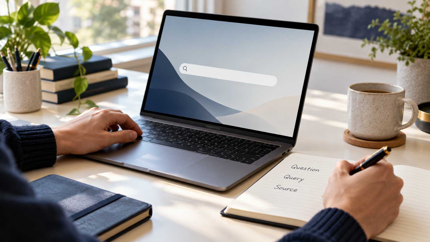 Research desk illustrating how to define a focused search question