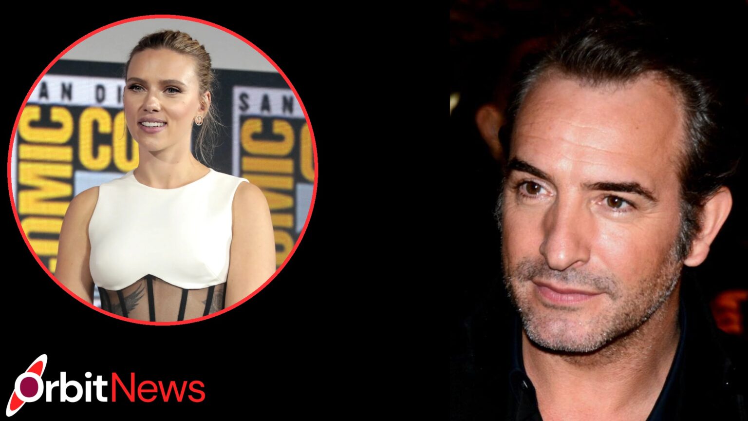 Scarlett Johansson and Jean Dujardin: Careers and Connection — black OrbitNews frame with red circular inset and slanted Jean Dujardin portrait
