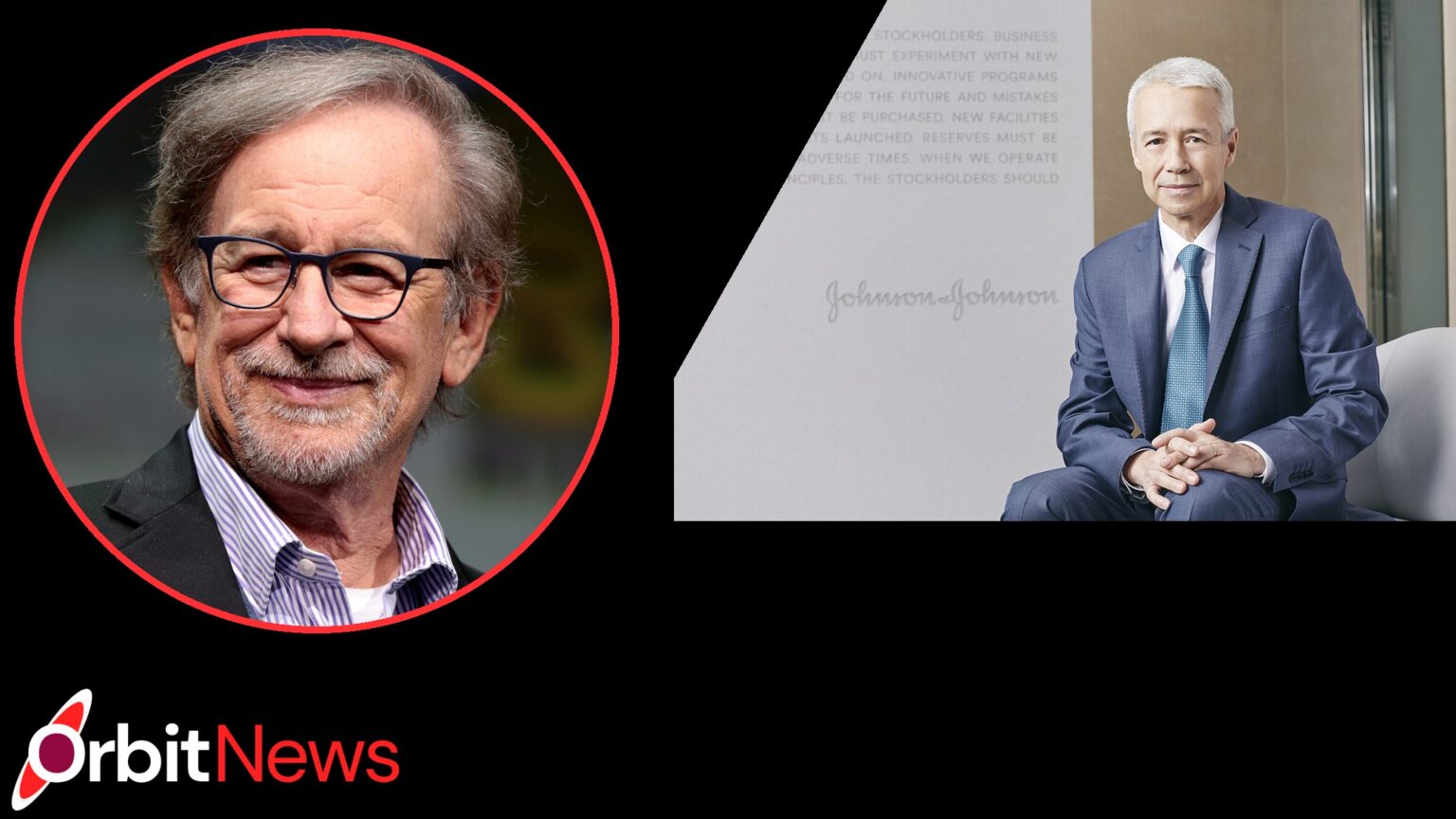 Steven Spielberg and Joaquin Duato in the OrbitNews black frame, red circular inset and slanted right panel